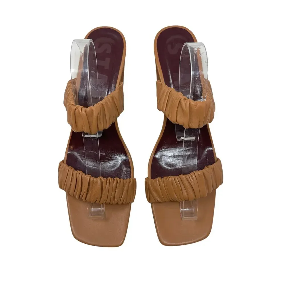 Staud‎ Frankie Ruched Leather Sandals Heels Brown Tan Size 42 US 12